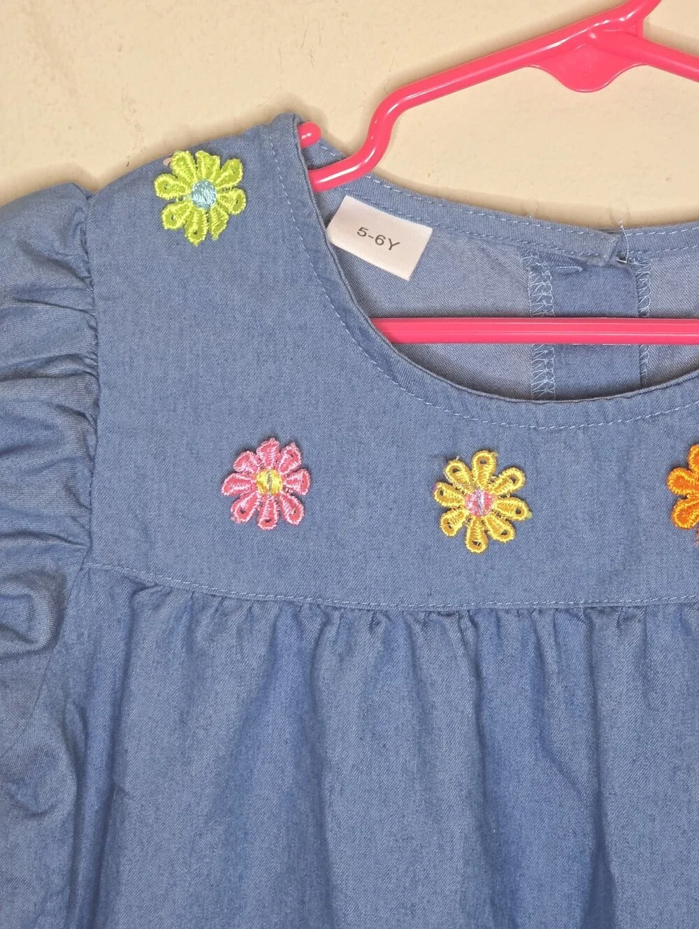 Girls Chambray Flower Embroidered Puff Sleeve Dress Blue 5-6Y Cottagecore